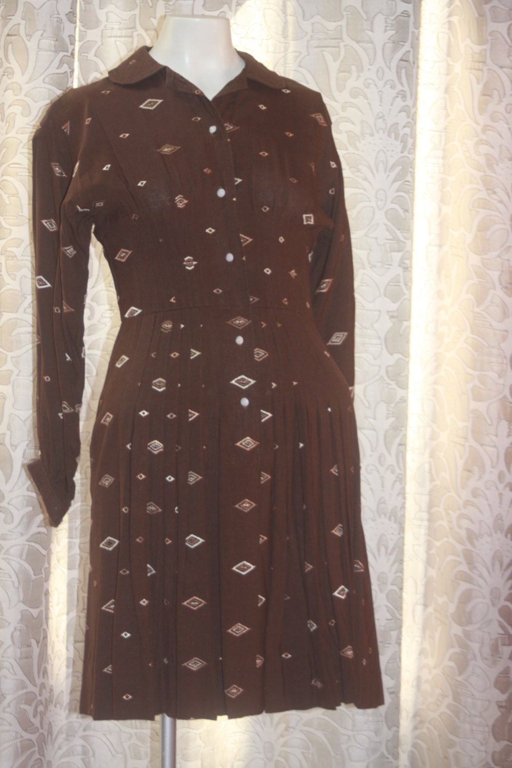 Vintage Mod 1950's 60's Emroidered Mini Brown Dress S