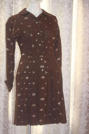 Vintage Mod 1950's 60's Emroidered Mini Brown Dress S