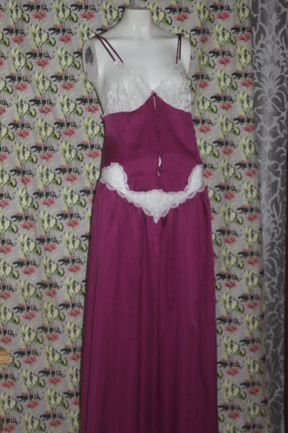 Vintage Intime 1970's Lace Maroon Nightgown Deadstock S
