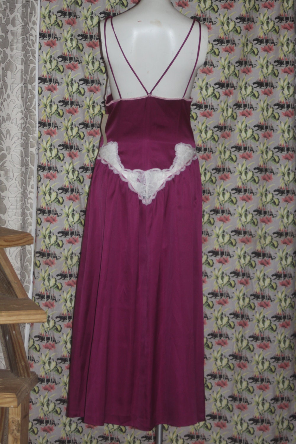 Vintage Intime 1970's Lace Maroon Nightgown Deadstock S