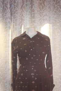 Vintage Mod 1950's 60's Emroidered Mini Brown Dress S
