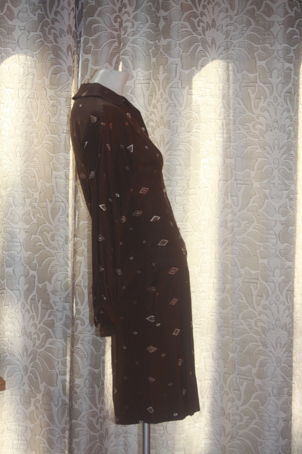 Vintage Mod 1950's 60's Emroidered Mini Brown Dress S