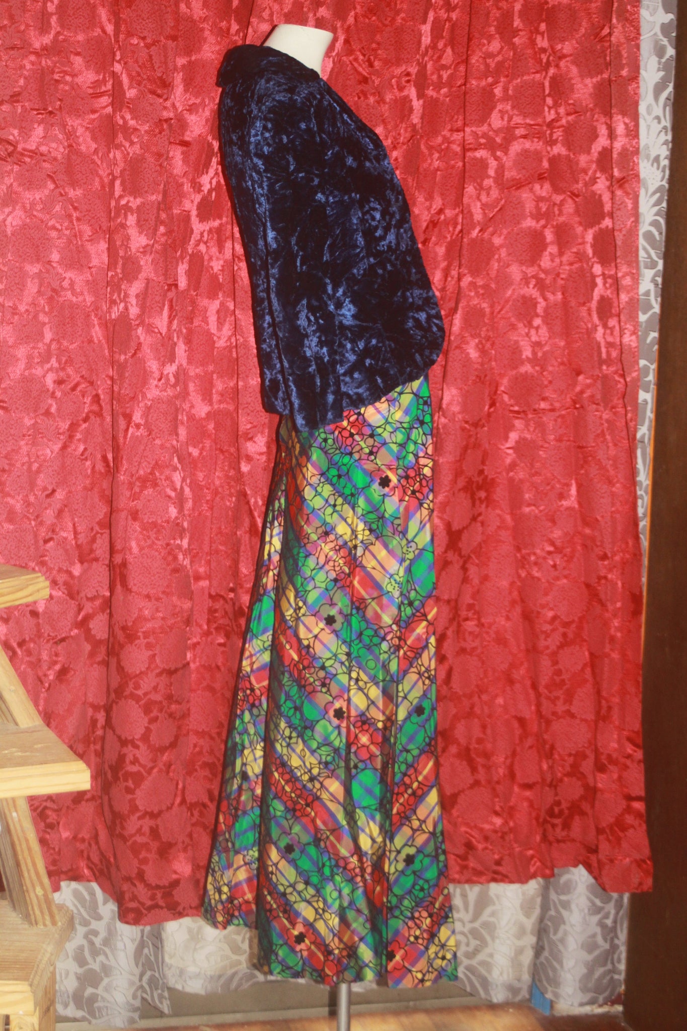 Vintage 60's 70's Velvet Jacket and Long Plaid Skirt xs