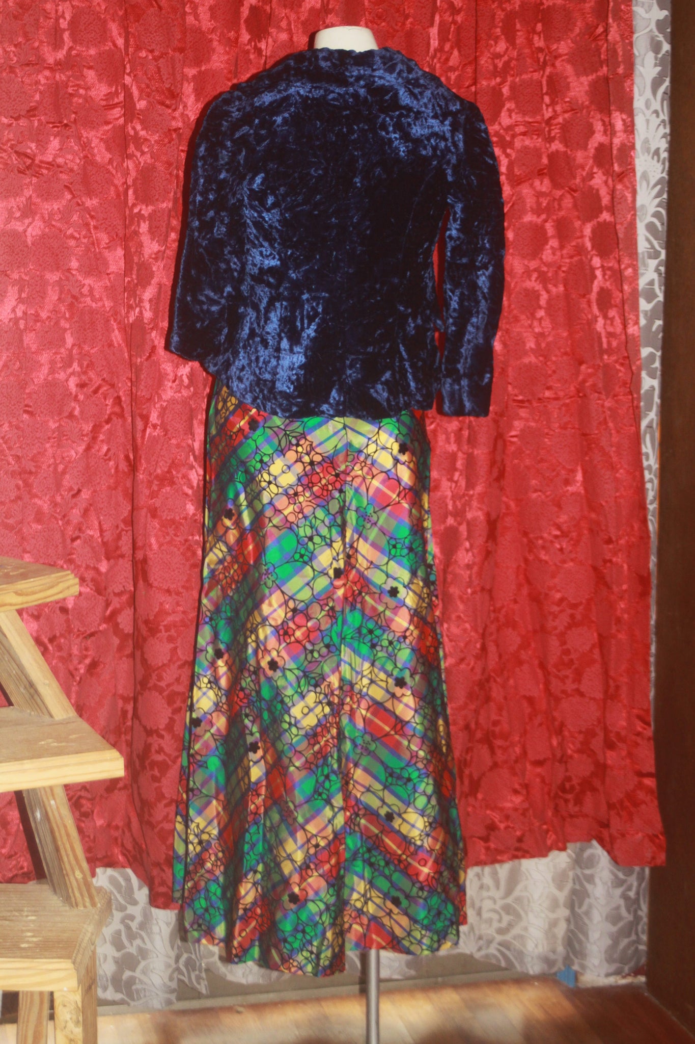 Vintage 60's 70's Velvet Jacket and Long Plaid Skirt xs