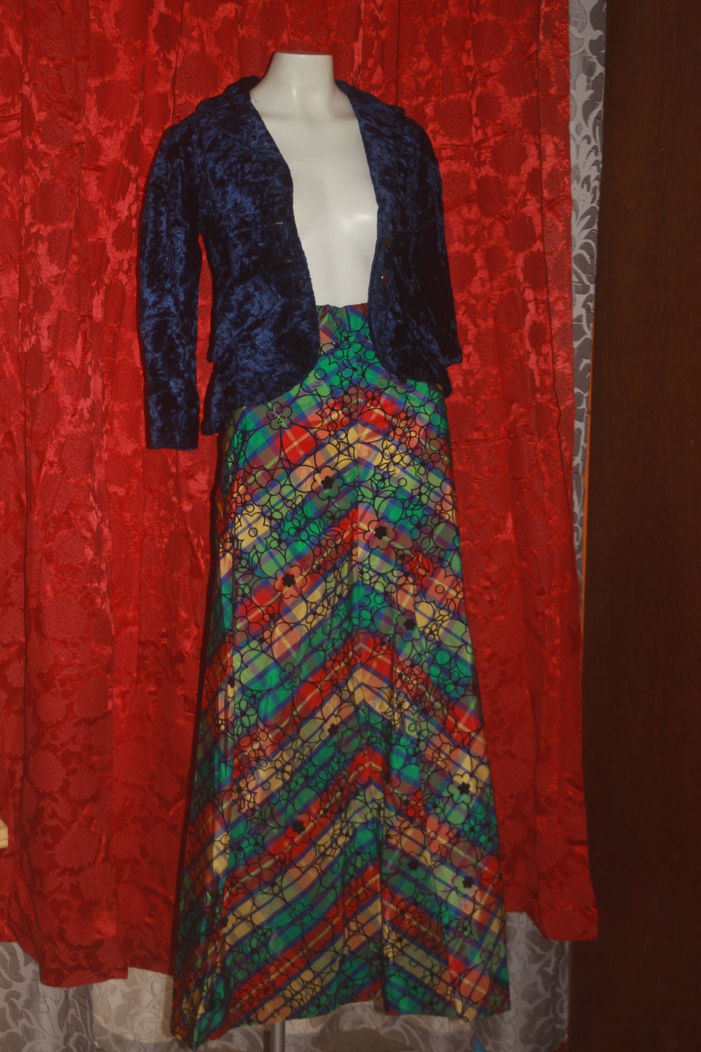 Vintage 60's 70's Velvet Jacket and Long Plaid Skirt xs