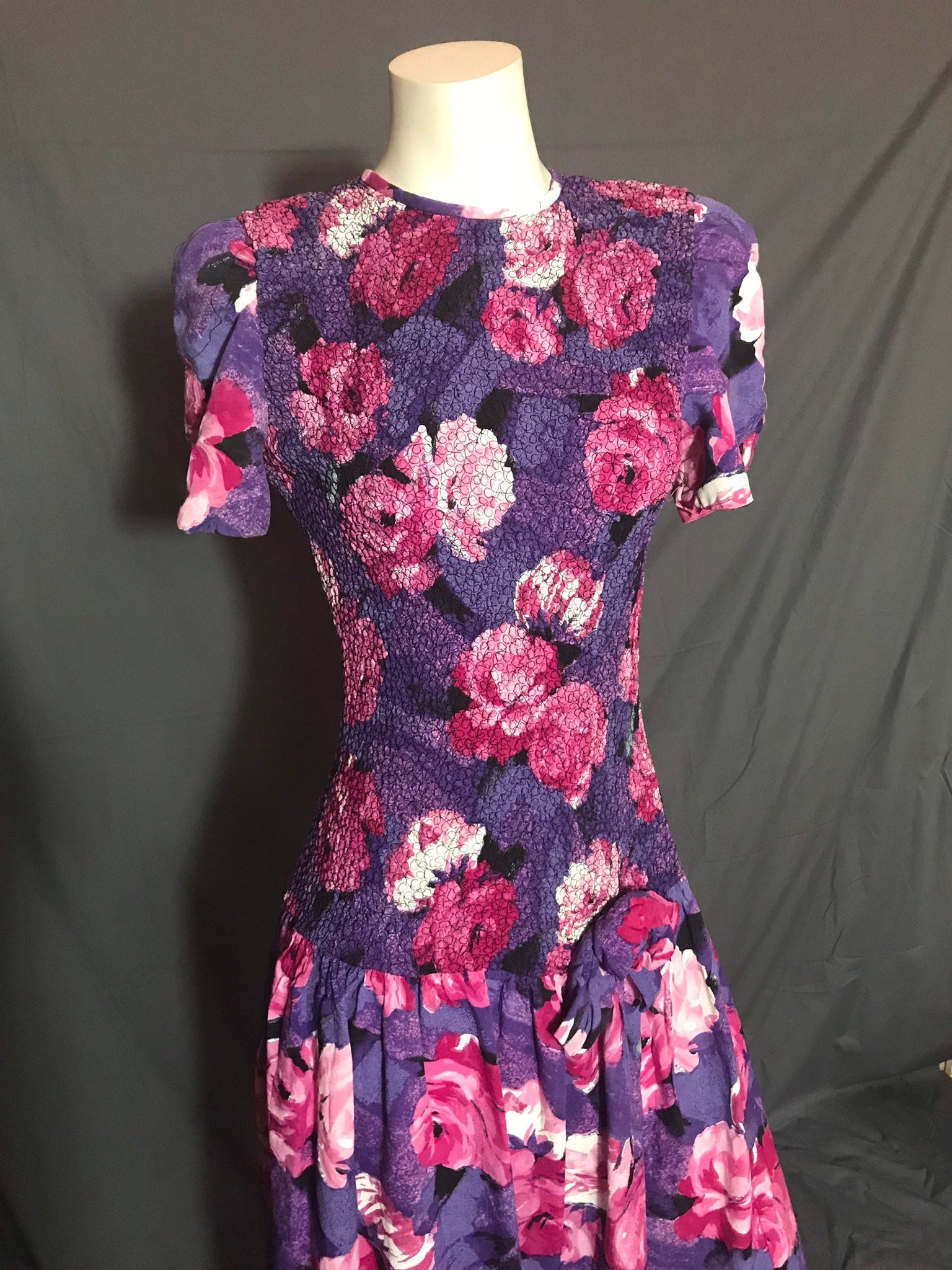 Vintage Act 1 Floral 1970's 80's Drop Waist Smocked Dress 7/8 M