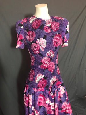 Vintage Act 1 Floral 1970's 80's Drop Waist Smocked Dress 7/8 M