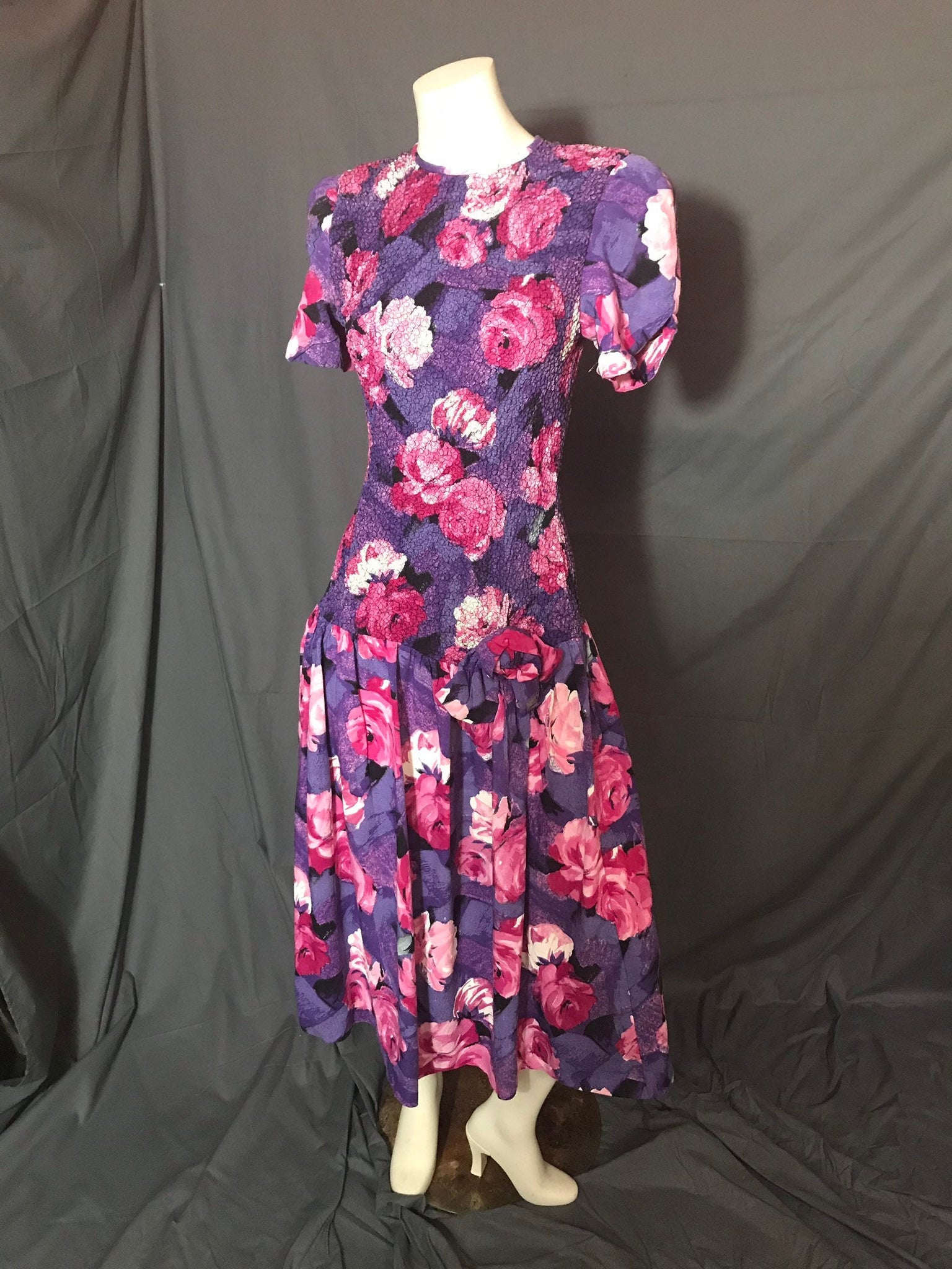 Vintage Act 1 Floral 1970's 80's Drop Waist Smocked Dress 7/8 M