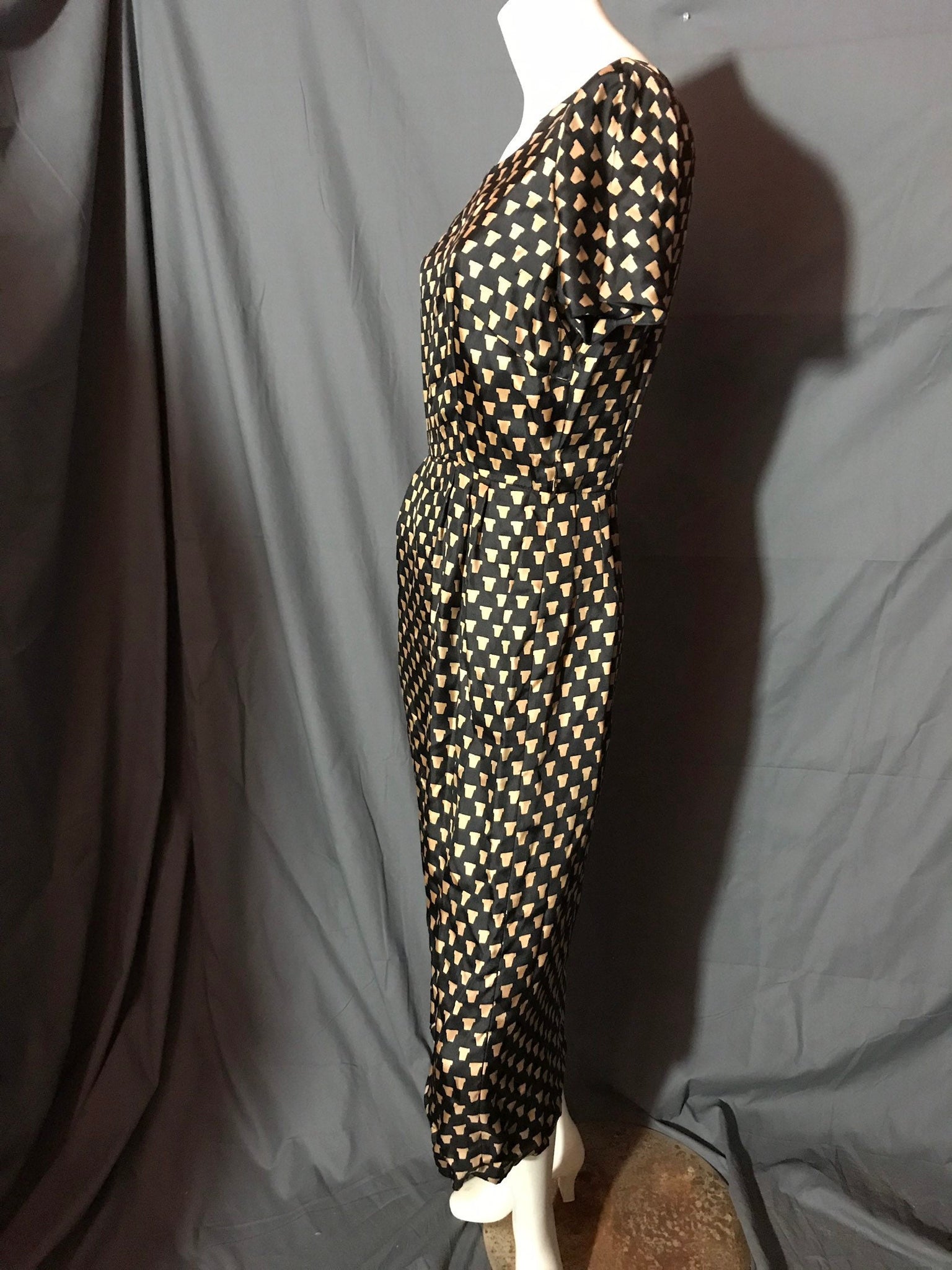 Vintage 1950's Black Print Midcentury Dress M