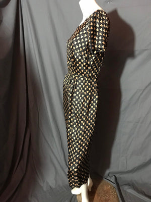 Vintage 1950's Black Print Midcentury Dress M
