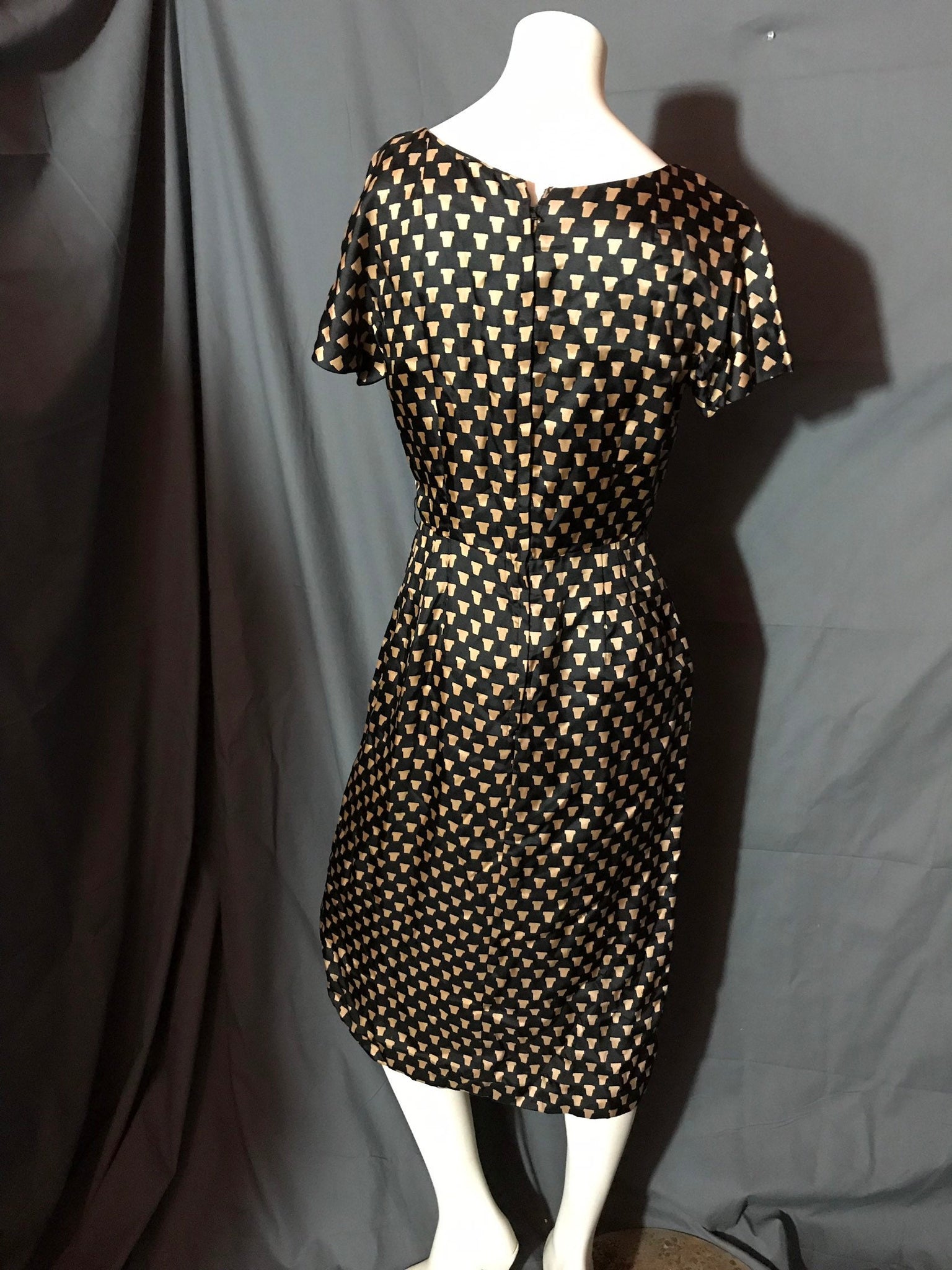 Vintage 1950's Black Print Midcentury Dress M