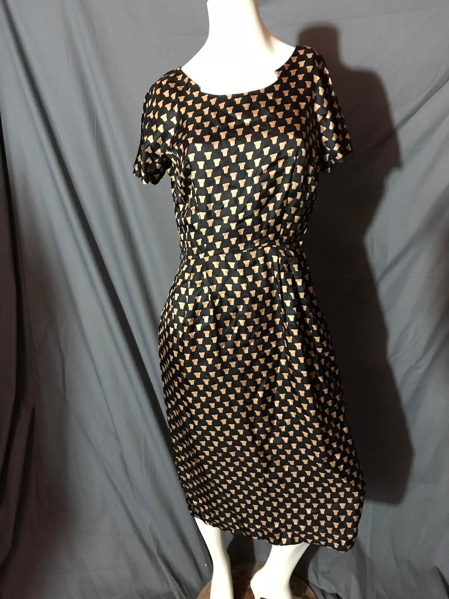 Vintage 1950's Black Print Midcentury Dress M