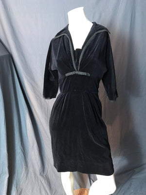Vintage 1950's Black Velvet R & K Fitted Dress M