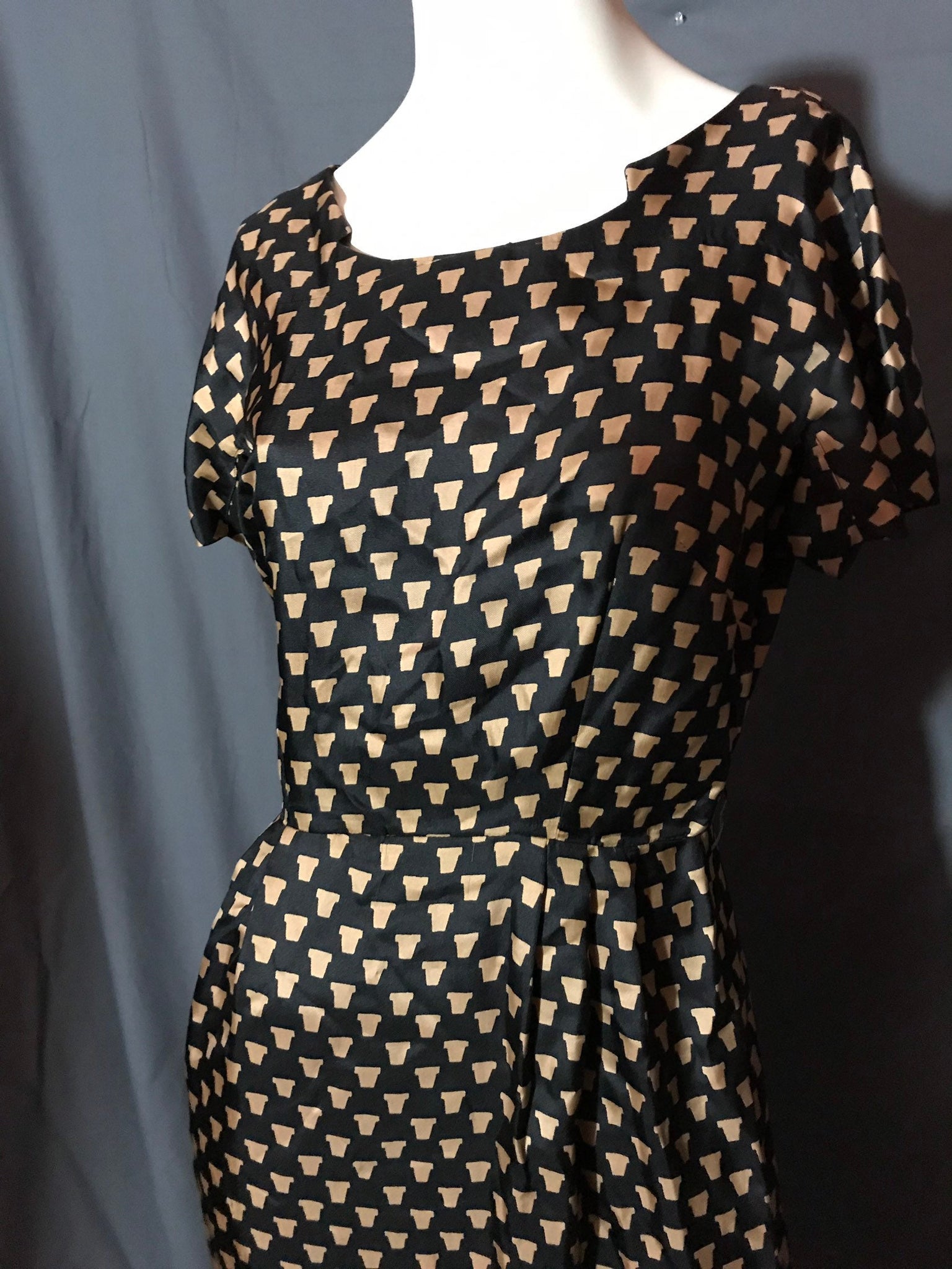 Vintage 1950's Black Print Midcentury Dress M