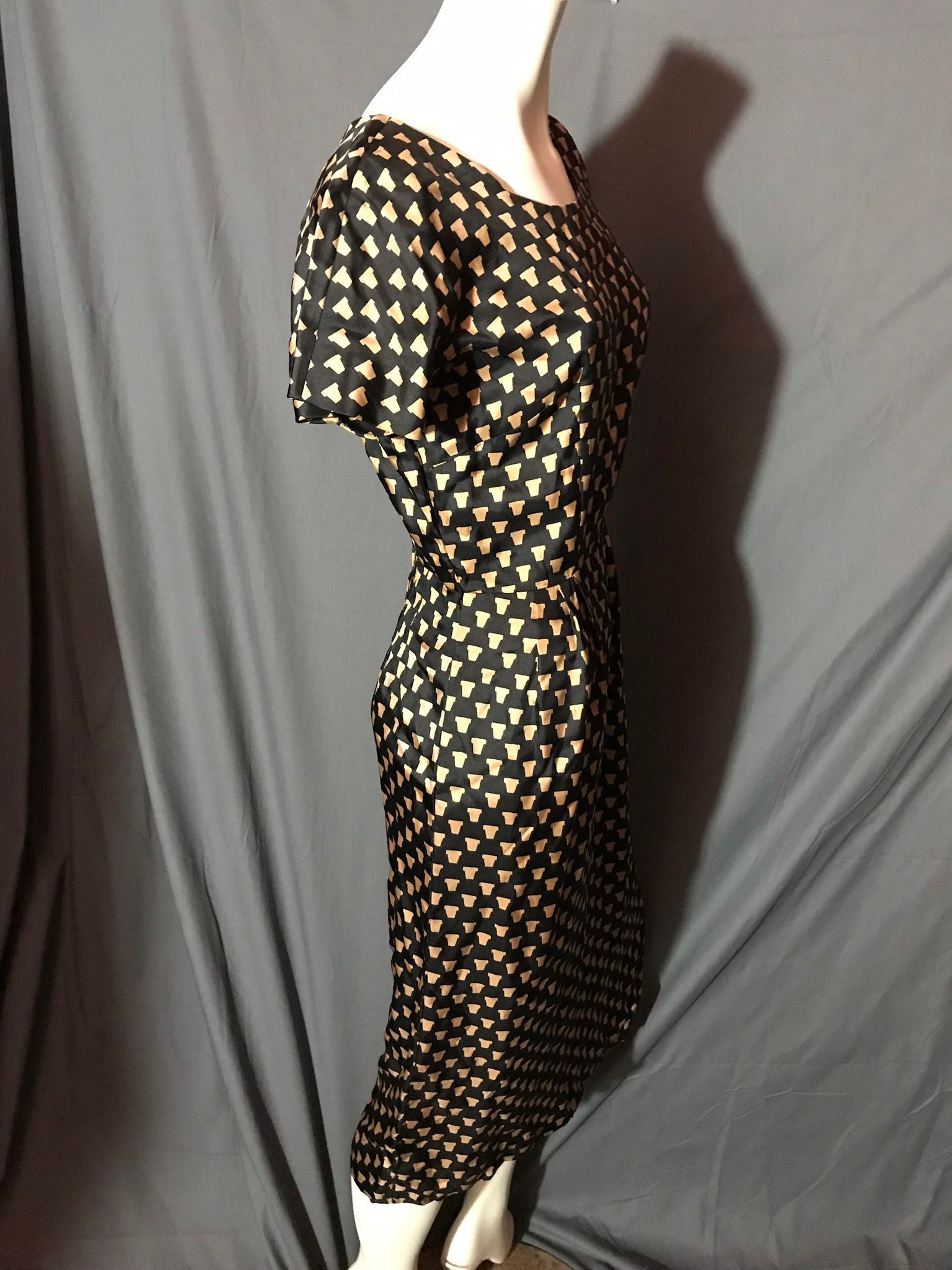 Vintage 1950's Black Print Midcentury Dress M