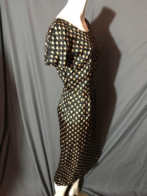 Vintage 1950's Black Print Midcentury Dress M