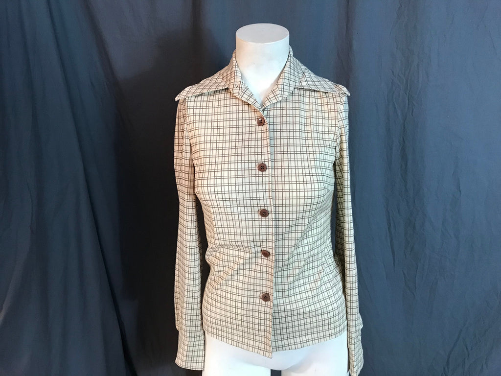 Vintage 1970’s cream and brown plaid blouse shirt S
