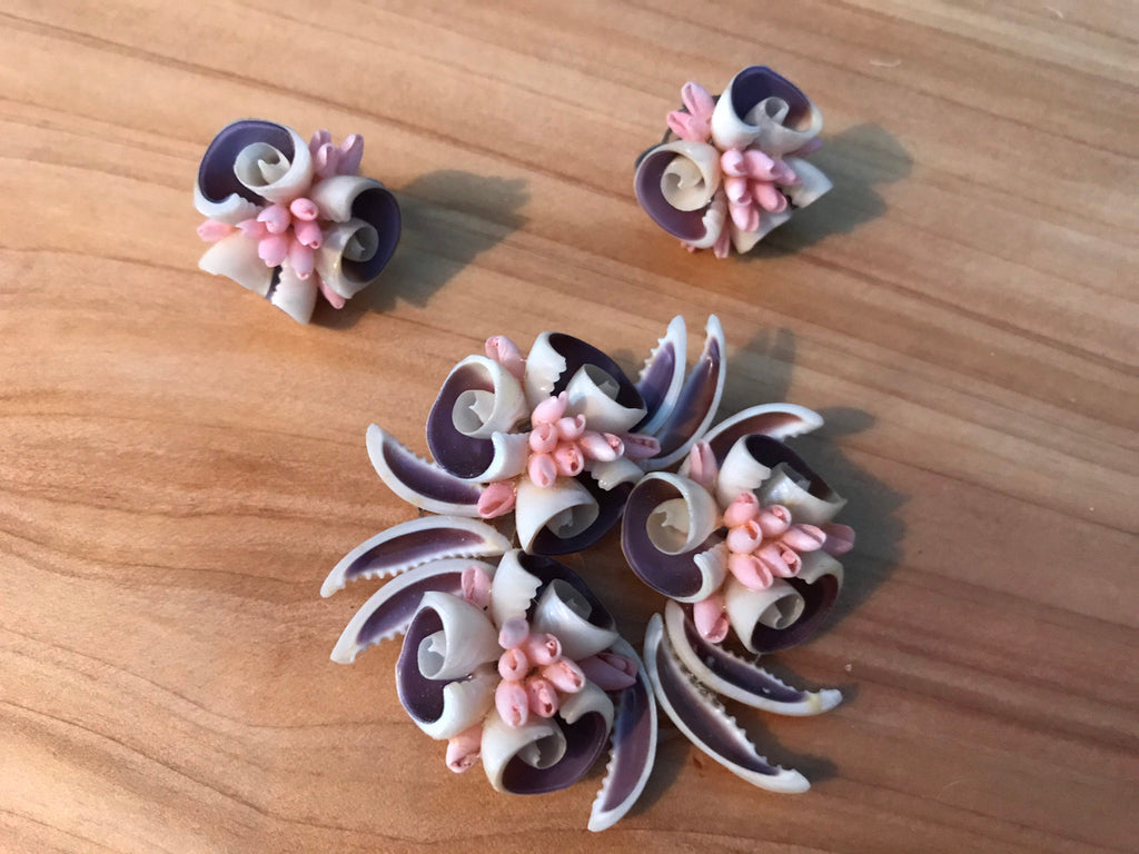 Vintage jewelry set, shell pin and screw earrings
