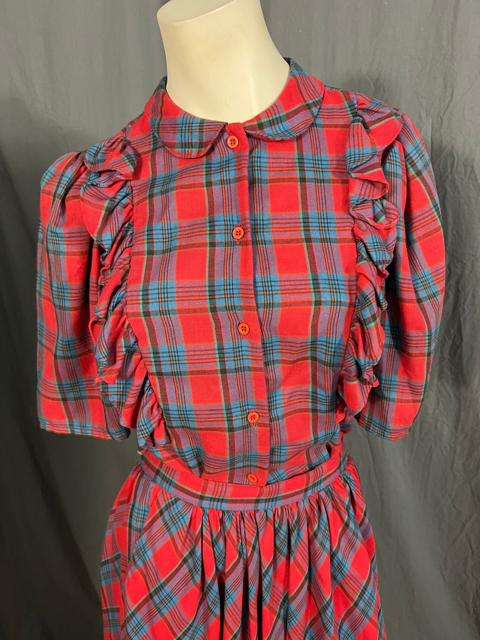 Vintage Tomboy red plaid prairie skirt and ruffle top M