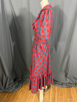 Vintage Tomboy red plaid prairie skirt and ruffle top M