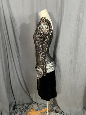 Vintage 80's black and gray drop waist lace and velvet party dress 4