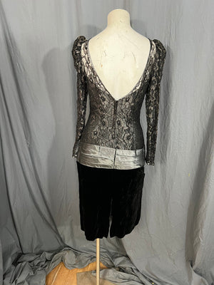 Vintage 80's black and gray drop waist lace and velvet party dress 4