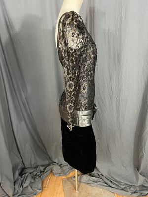 Vintage 80's black and gray drop waist lace and velvet party dress 4