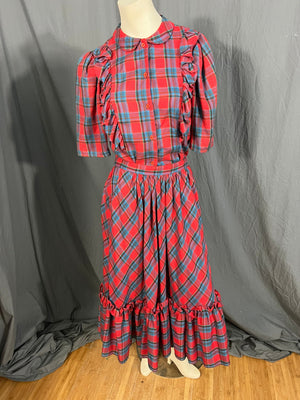 Vintage Tomboy red plaid prairie skirt and ruffle top M