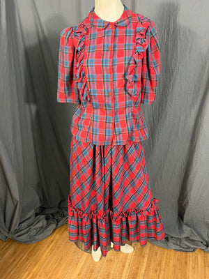 Vintage Tomboy red plaid prairie skirt and ruffle top M