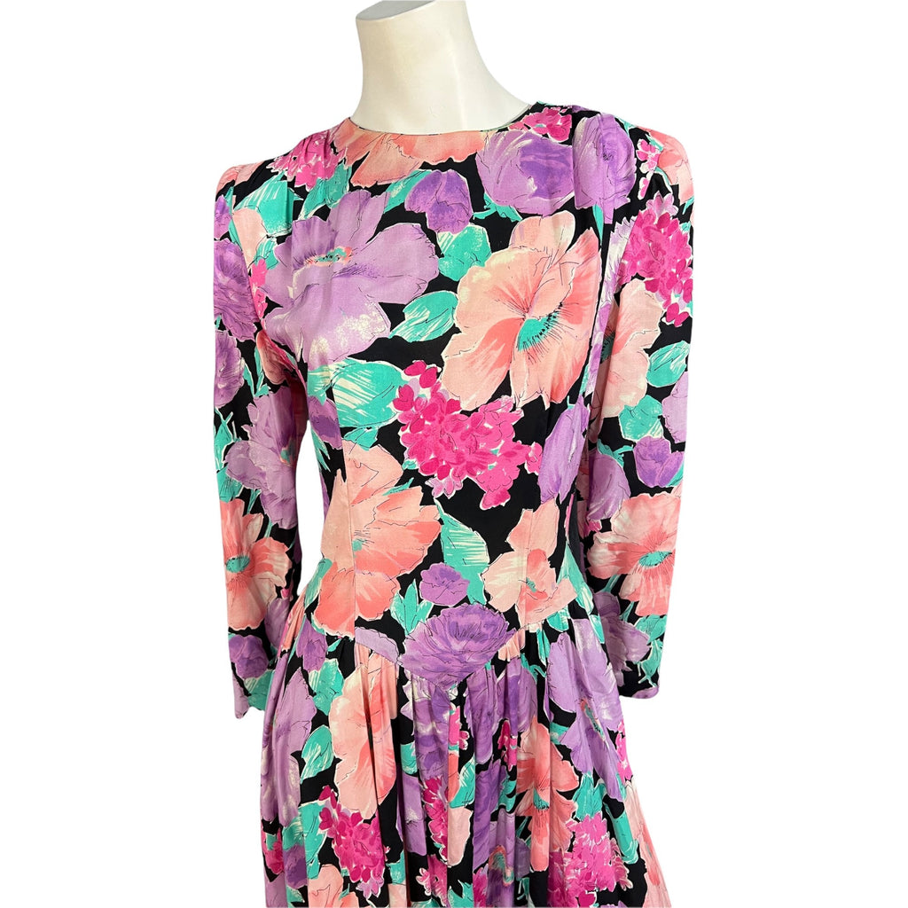 Vintage 80's floral drop waist dress David Mitchell 7/8 M