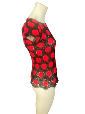 Vintage flower crochet top red and black M