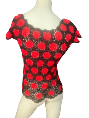 Vintage flower crochet top red and black M