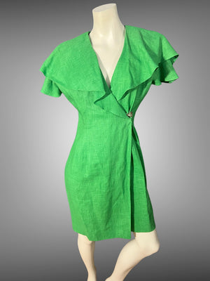 Vintage 80's Beau David linen wrap green dress 8