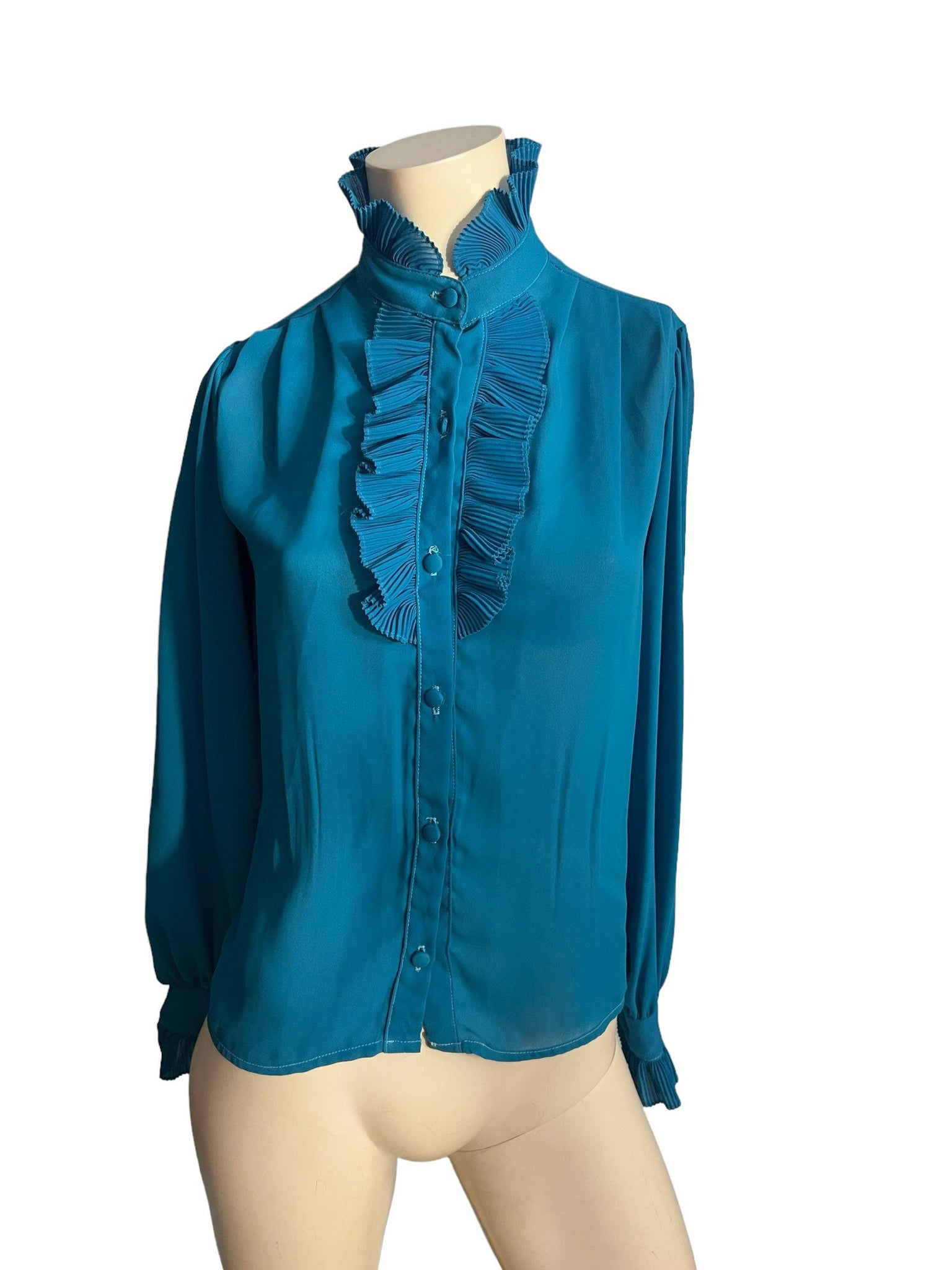 Vintage blue 70's high neck ruffle top 166 S