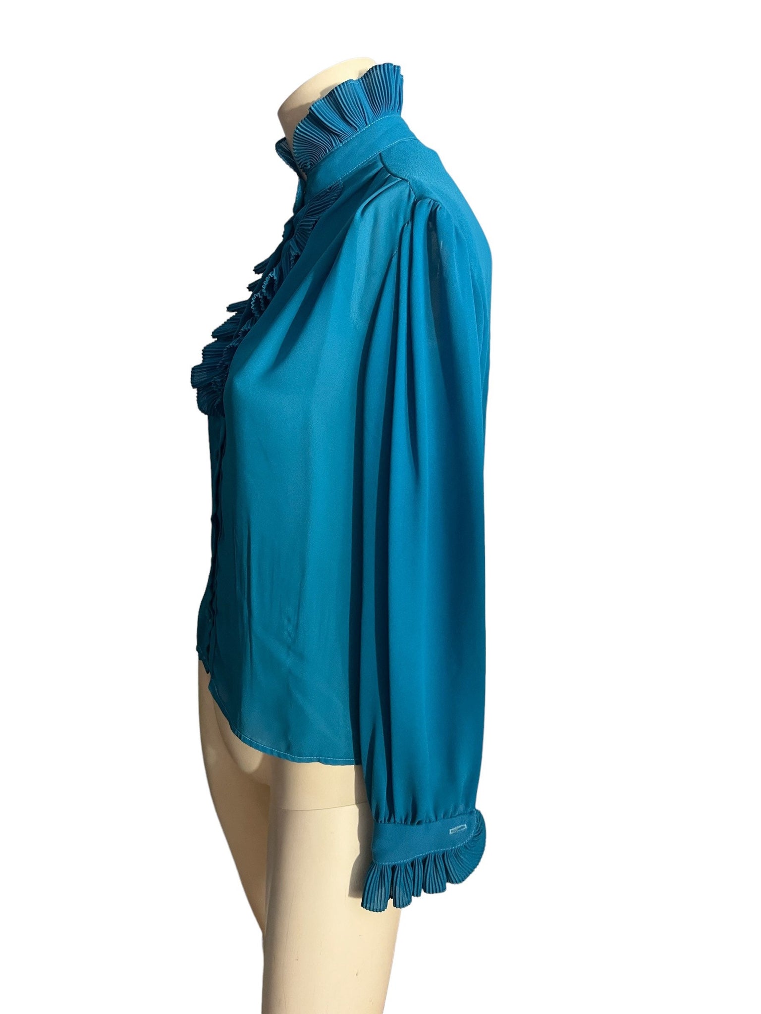 Vintage blue 70's high neck ruffle top 166 S