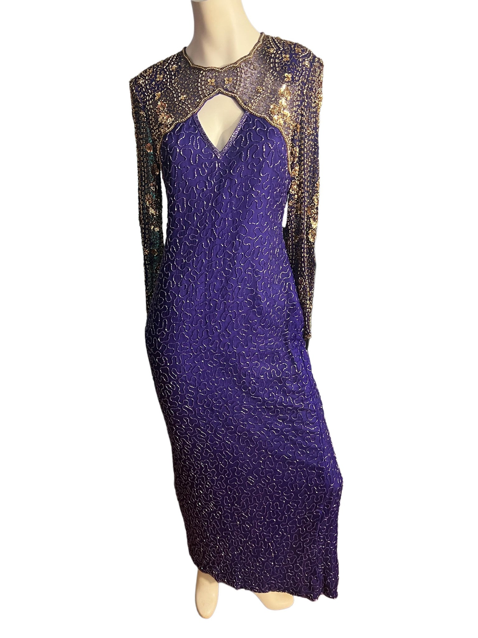 Vintage 80's purple gold sequin bead dress M