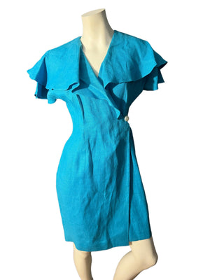 Vintage 80's turquoise wrap dress Beau David 6