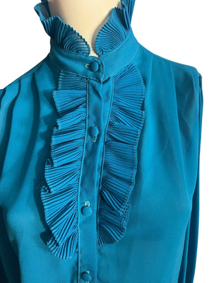 Vintage blue 70's high neck ruffle top 166 S