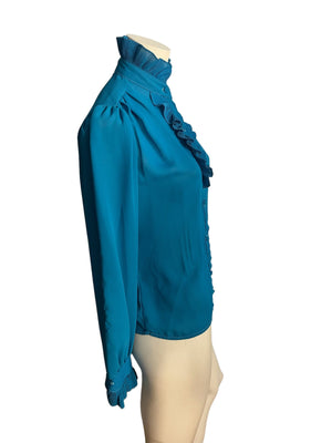 Vintage blue 70's high neck ruffle top 166 S