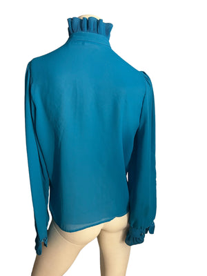 Vintage blue 70's high neck ruffle top 166 S