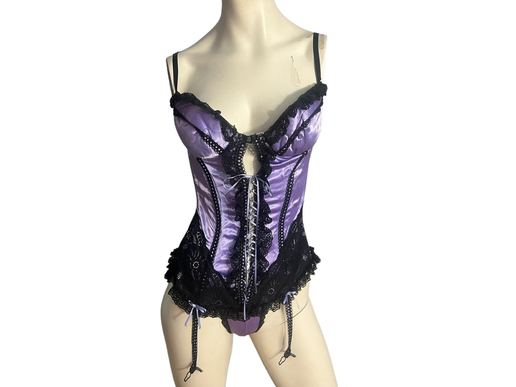 Vintage 80's purple black teddy corset M Frederick's of Hollywood
