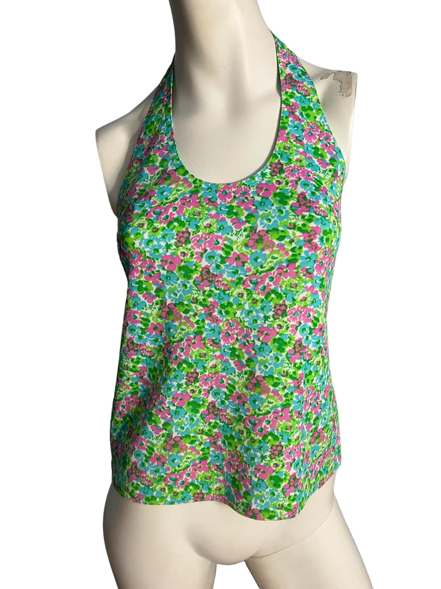 Vintage 70's green floral halter shirt M