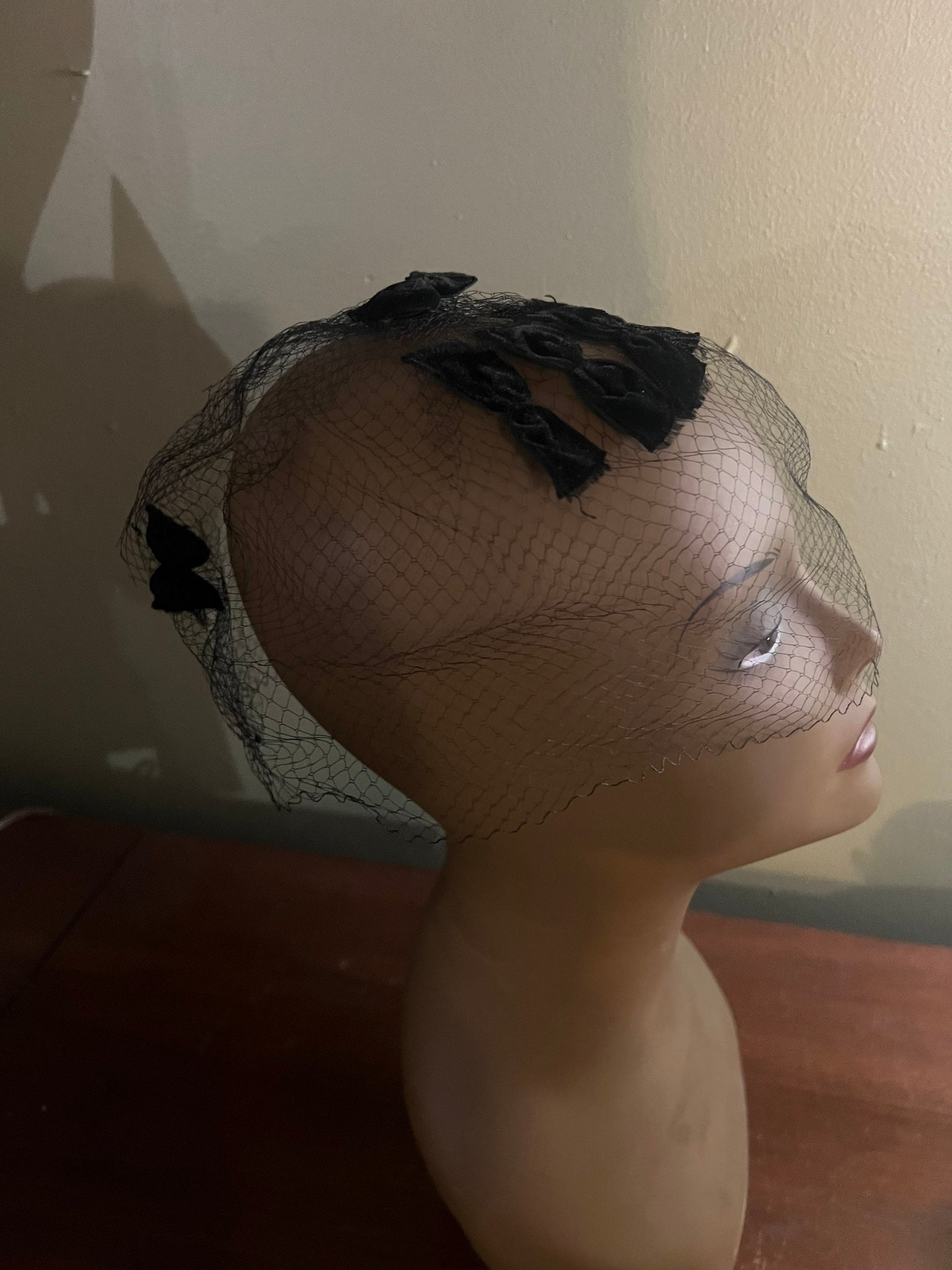 Vintage black net hat with small bows