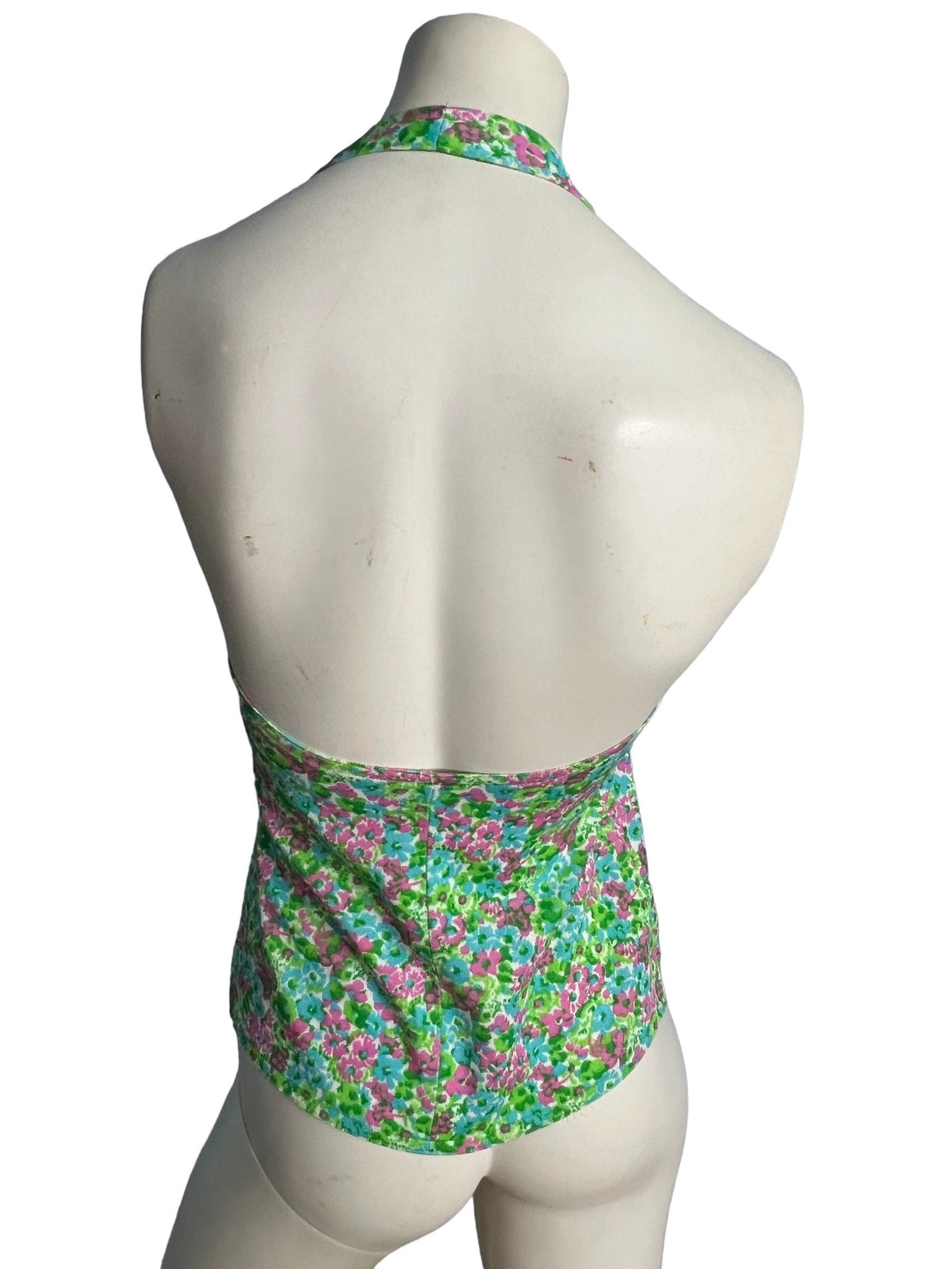 Vintage 70's green floral halter shirt M