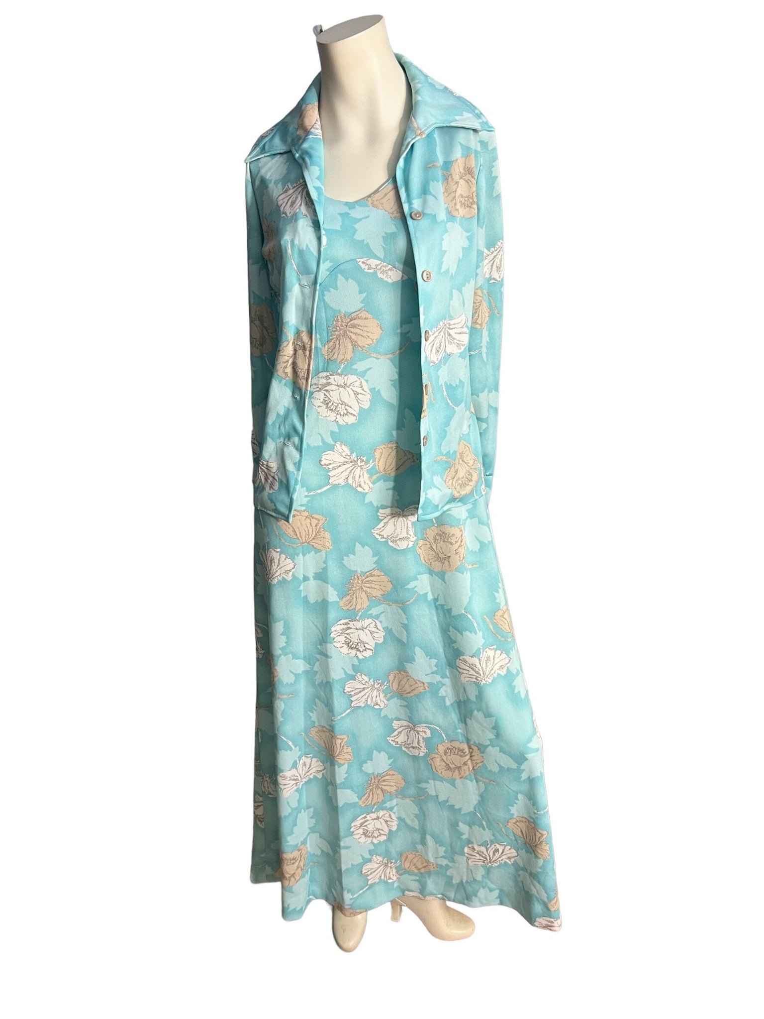 Vintage Blue Flower 1970's Maxi Dress & Shirt M