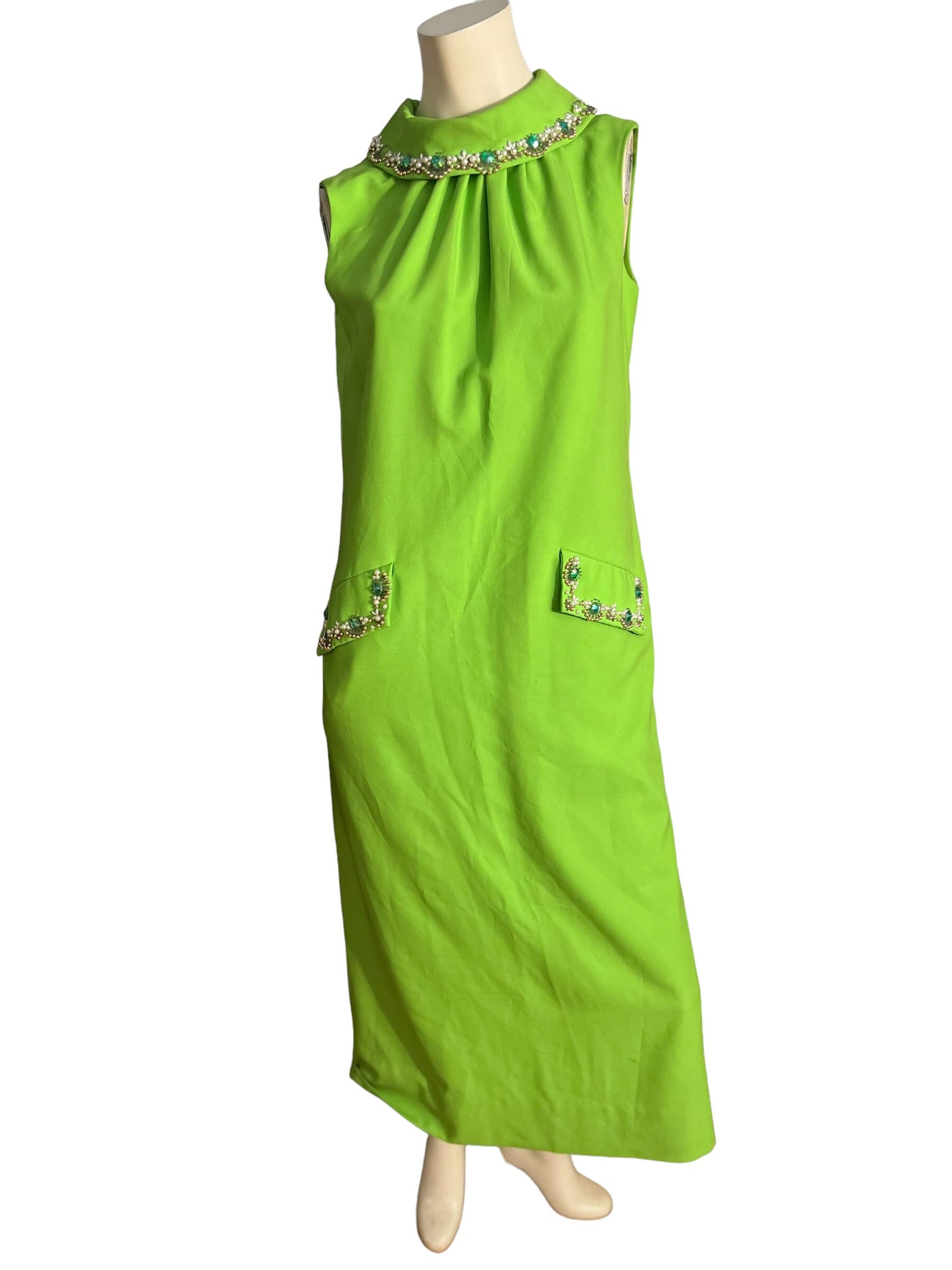 Vintage 60's bead green sheath dress M L