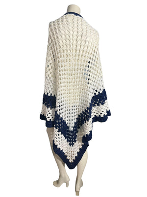 Vintage oversized white and navy blue crochet shawl