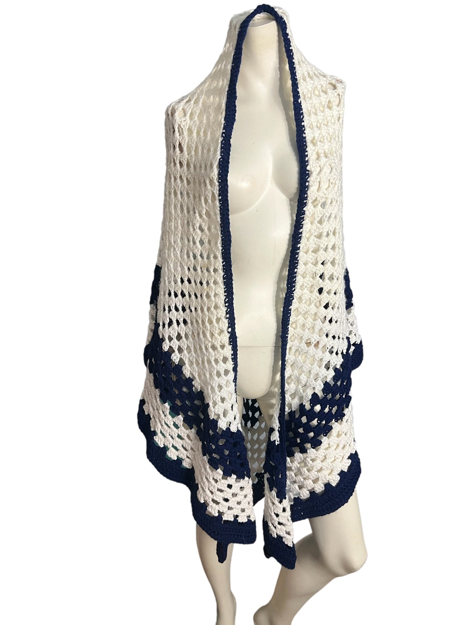 Vintage oversized white and navy blue crochet shawl