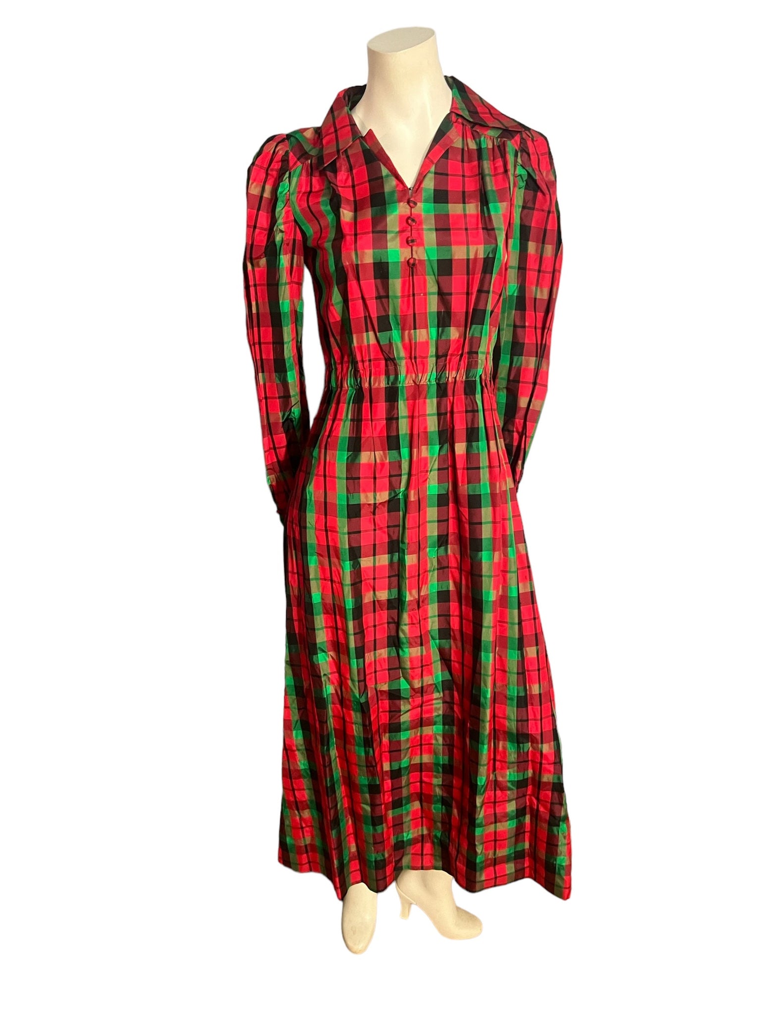 Vintage 70's Christmas red plaid long dress M