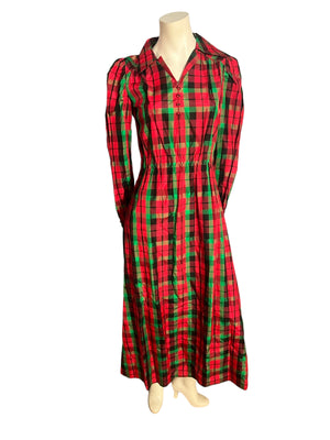 Vintage 70's Christmas red plaid long dress M